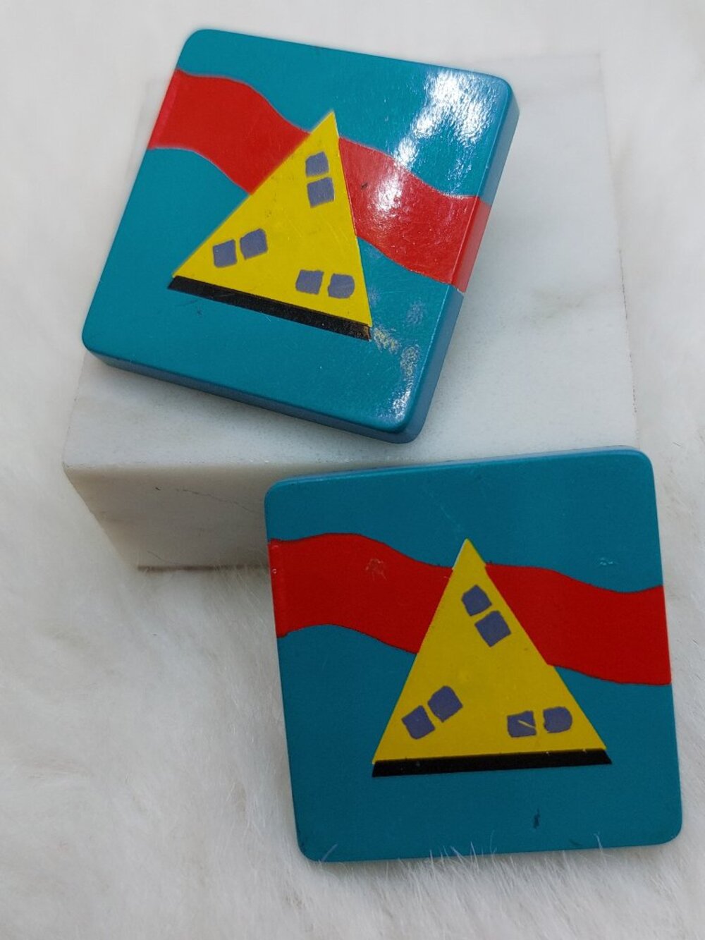 Vintage 80โs Hallmark Geometric Shapes Earrings Blue Red Yellow
